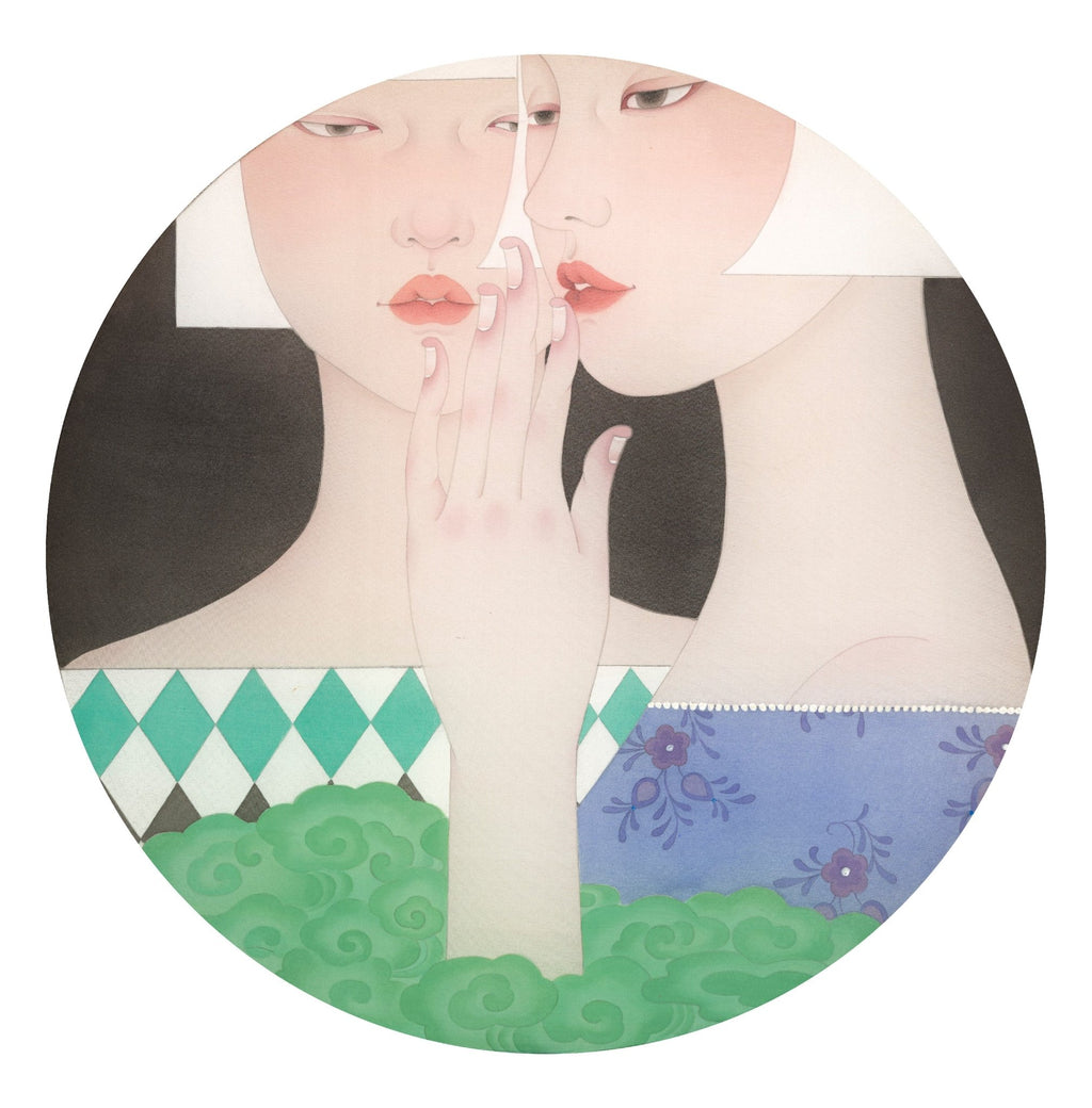 Veil of Intimacy - Ink and Color on Silk 15.7'' × 15.7'' | Chinese Original Painting | Magic Bear Art