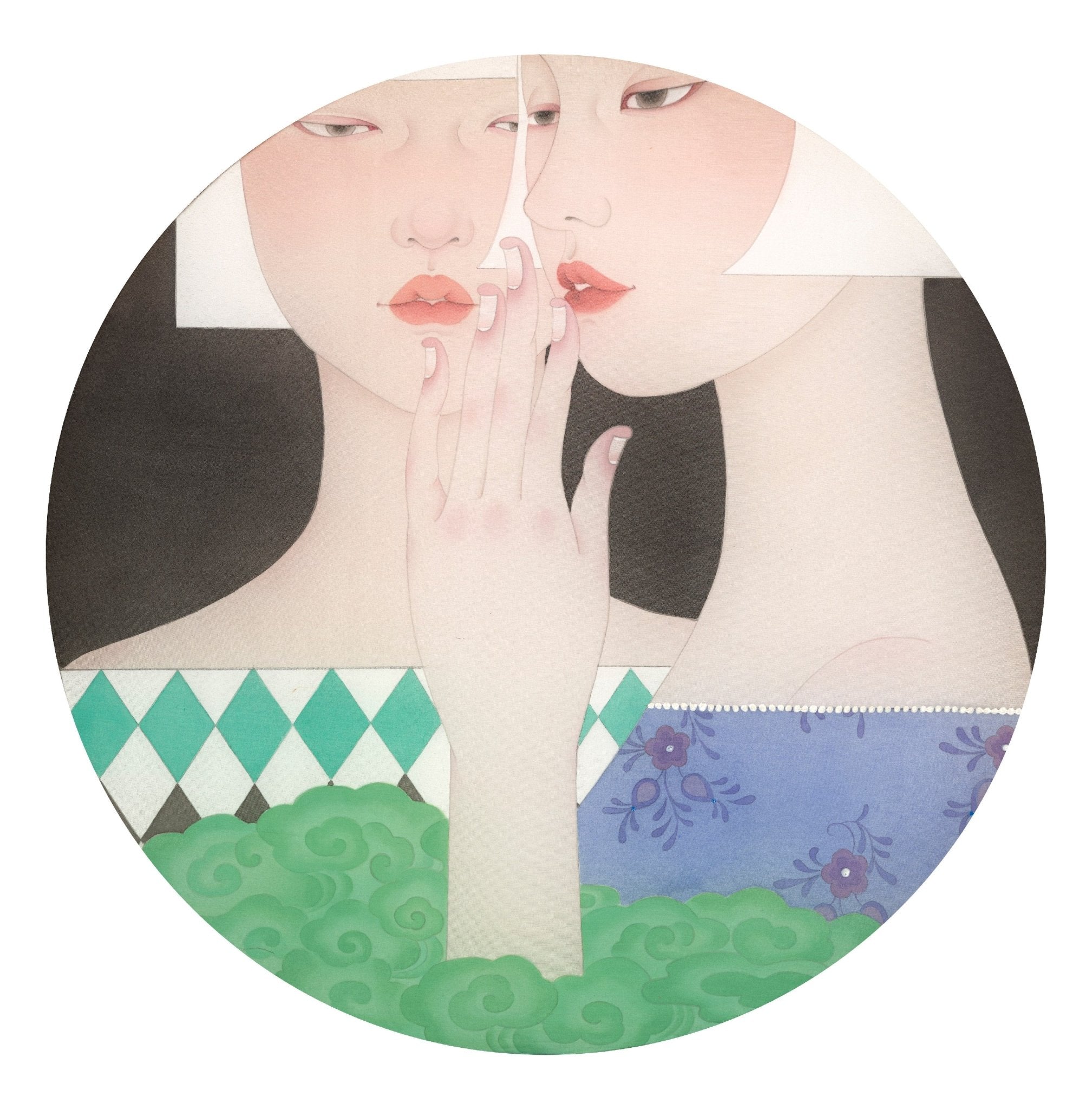 Veil of Intimacy - Ink and Color on Silk 15.7'' × 15.7'' | Chinese Original Painting | Magic Bear Art