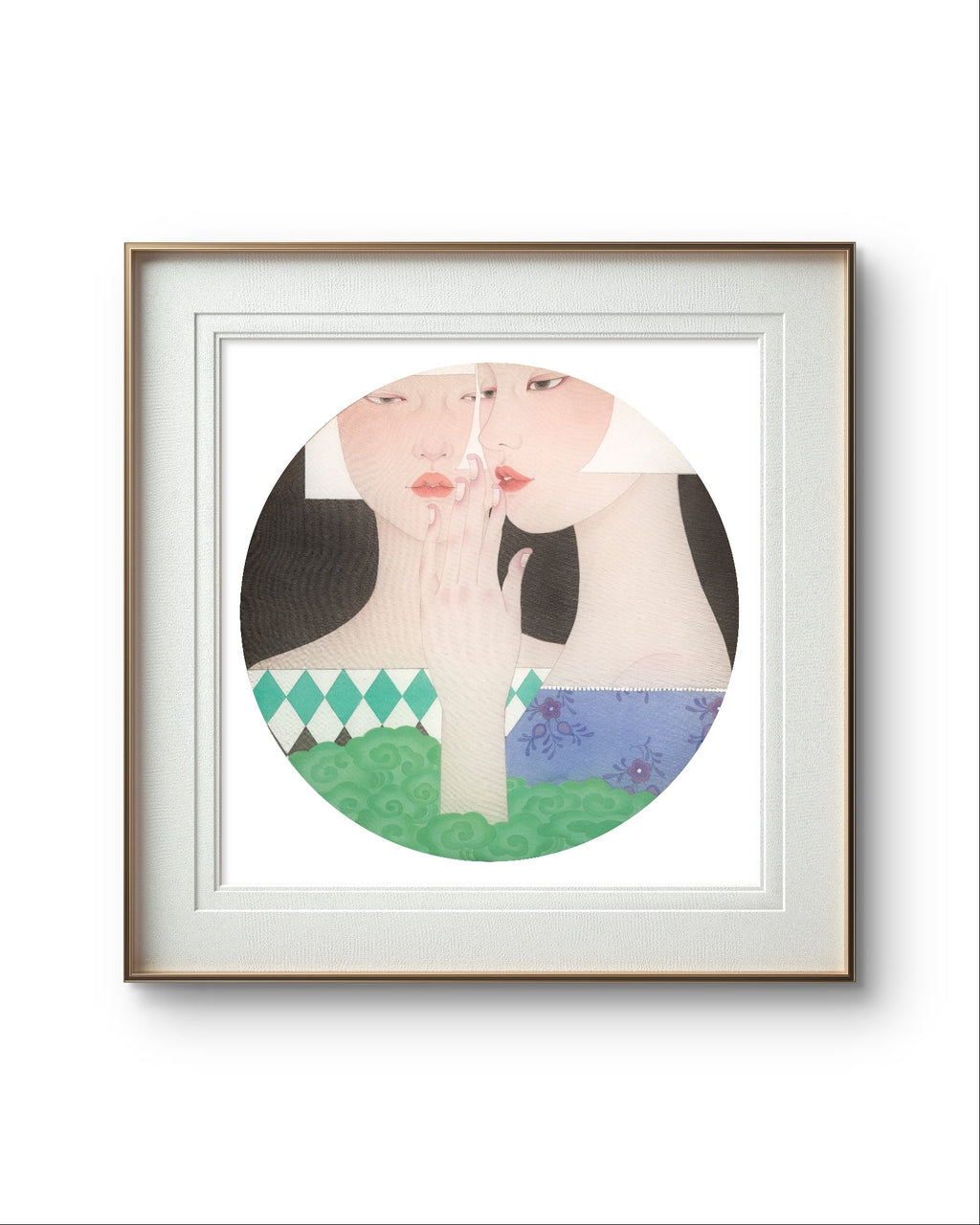 Veil of Intimacy - Ink and Color on Silk 15.7'' × 15.7'' | Chinese Original Painting | Magic Bear Art