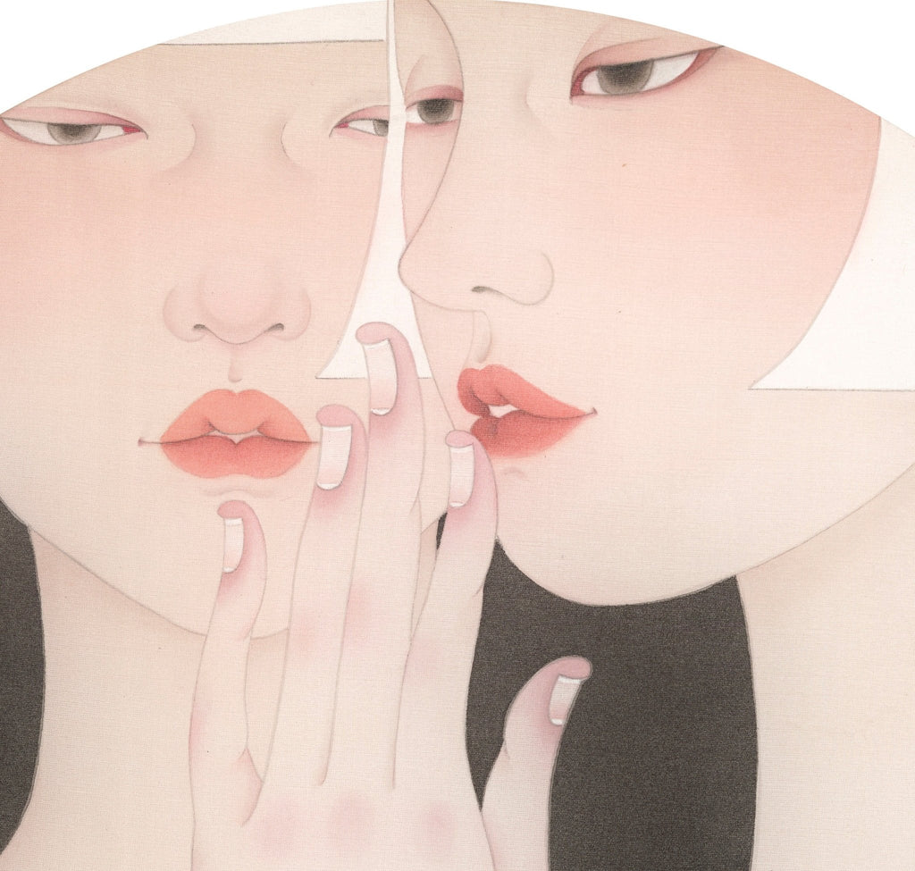 Veil of Intimacy - Ink and Color on Silk 15.7'' × 15.7'' | Chinese Original Painting | Magic Bear Art
