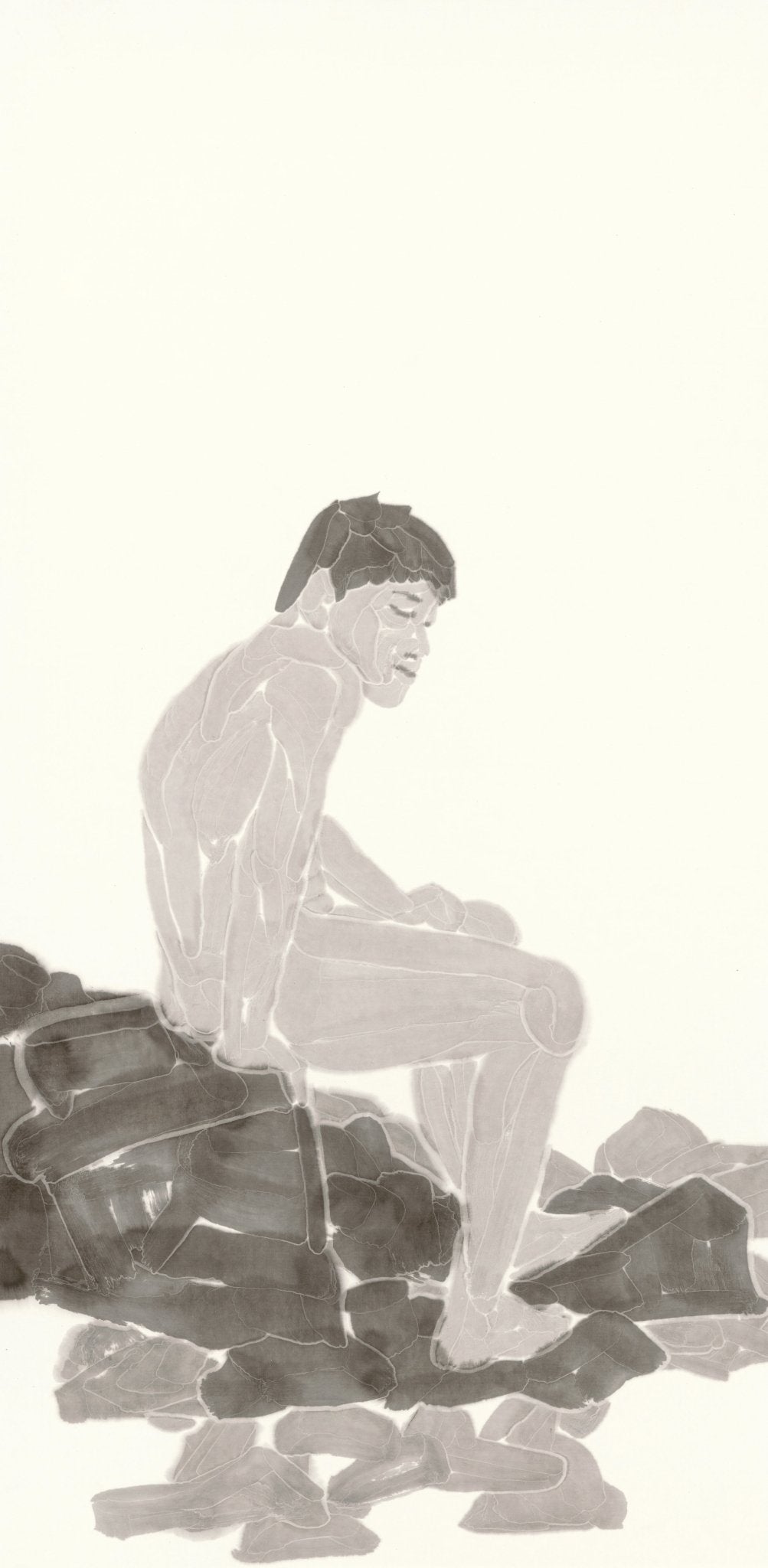 Waiting by the Stones - Chinese ink 54.3'' × 26.8'' | Chinese Original Painting | Magic Bear Art