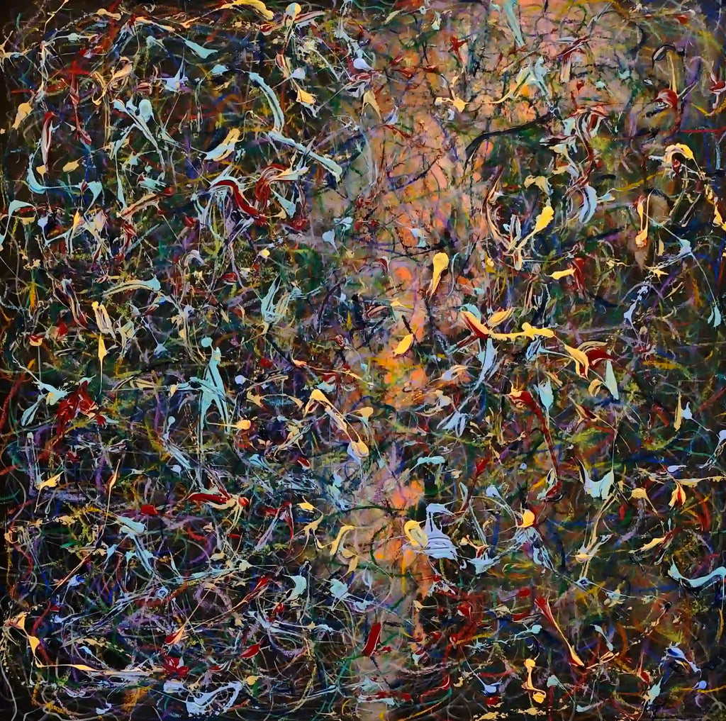 Original abstract mixed media painting 'The Density of Thought' by Wei Ying, featuring contemporary Chinese ink and acrylic on raw Xuan paper, colorful complex neural pathways art for luxury interior.