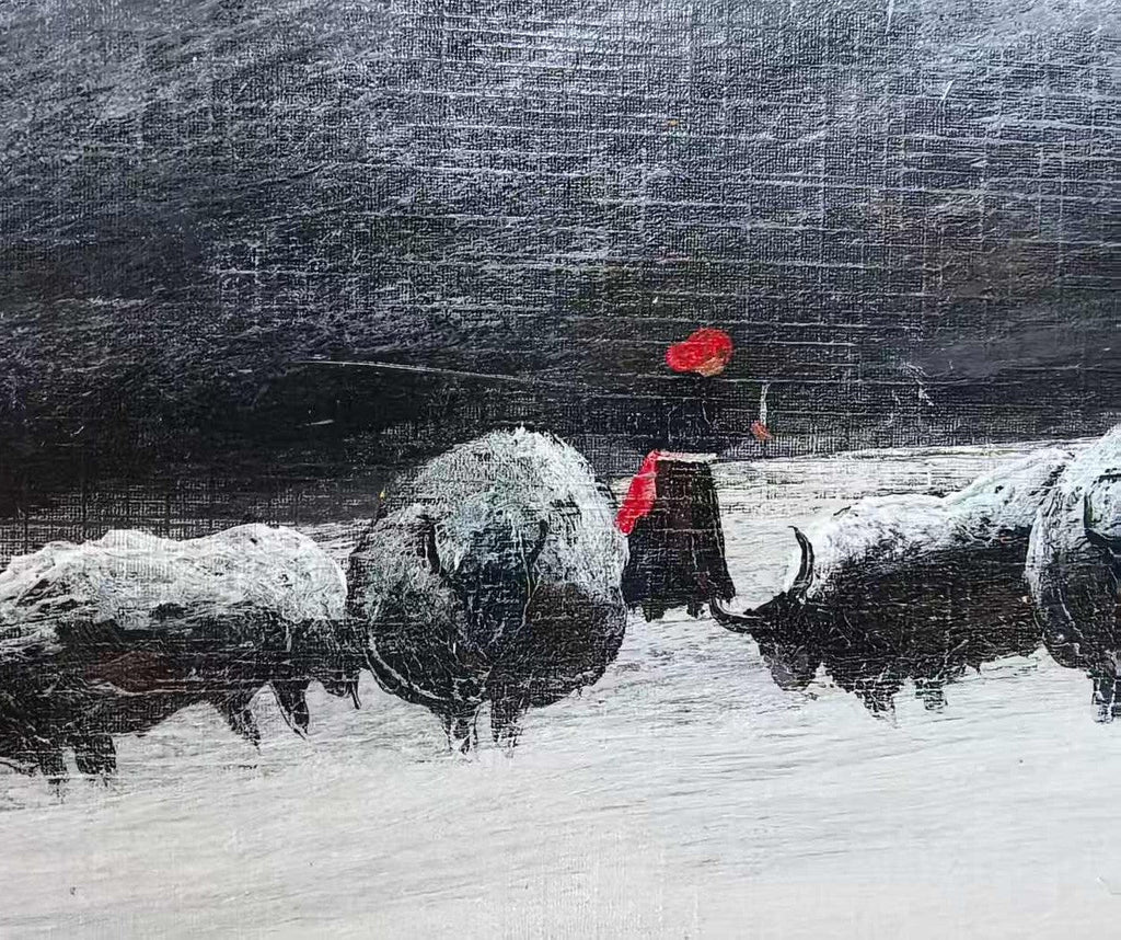 Yak Herders — 21.3''×14.6'' Small Format Oil | Original Painting by Chinese Artist | Magic Bear Art
